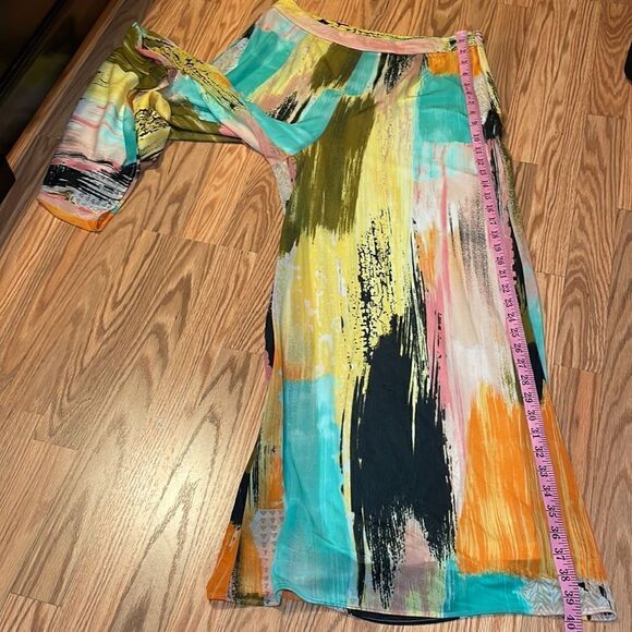 Eci Multi Color Palazzo Pants, Orange, Yellow, Teal wide-leg, Large - Picture 3 of 7